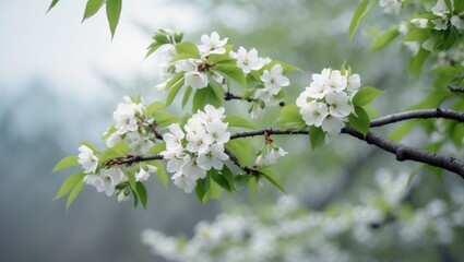 Obraz premium Delicate white blossoms decorate a tree branch, highlighting vibrant green leaves. The image conveys a tranquil atmosphere, reflecting nature's beauty against overcast skies.