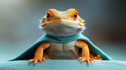 Obraz premium Bearded dragon wearing cape, superhero pose, indoor, blurred background, pet portrait