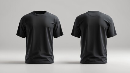 Front and rear views of a black t-shirt on a white background.