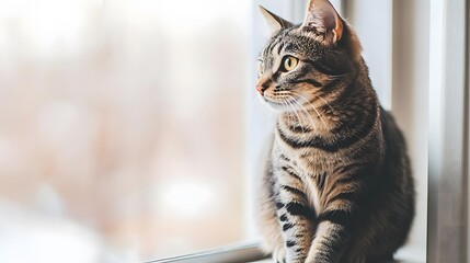 Curious tabby cat perched on a windowsill, gazing with intrigue, soft light enhancing its charm