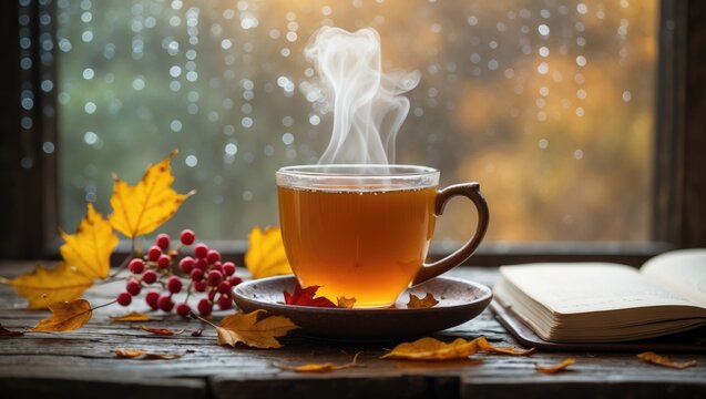 Cup of autumn tea beside a notebook and yellow dry leaves by a window, with space for text. A warm drink for chilly rainy days. Hygge idea, autumn ambiance. - Powered by Adobe