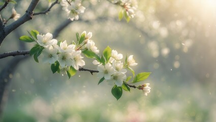 Obraz premium Defocused fresh spring branches of a tree adorned with flowers, serving as a natural floral seasonal backdrop. A beautiful tree in bloom. Space for text. Abstract banner. Blurred greenery. Out of f...