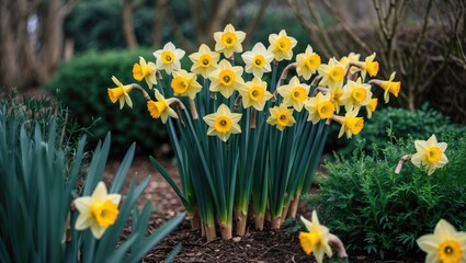 Fototapeta premium Daffodils blooming in a garden with copy-space, yellow blossoms