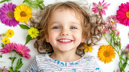 Cheerful Child Surrounded by Colorful Flowers on White