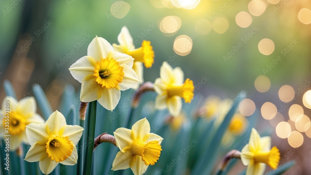 Poster Daffodils in a stunning natural scenery with bokeh in the background.