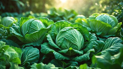 Green cabbages growing in a vegetable garden.