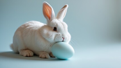 Obraz premium Cute bunny and one Easter egg. Idea and concept of a joyful Easter day.