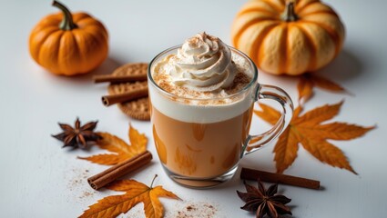 Cup of pumpkin spice latte topped with whipped cream, squash, cookies, anise, and cinnamon sticks on a white background.