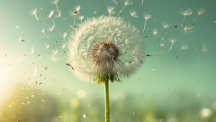 Dandelion seeds illuminated by sunlight dispersing across a fresh green morning backdrop.