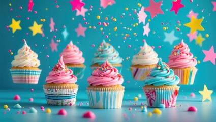 Colorful sprinkles cascading over a backdrop featuring cupcakes. Copy space