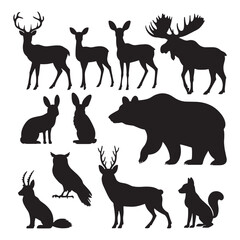 Collection of Animal Silhouettes in Vector Style Featuring Deer, Horse, Cat, Kangaroo, Elephant, Goat, Cow, Giraffe, Wolf, and More