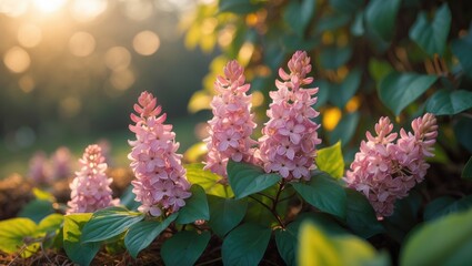 Delicate pink flowers bloom, framed by lush green leaves and a vibrant natural setting. Sunlight filters through, producing a serene and tranquil ambiance.