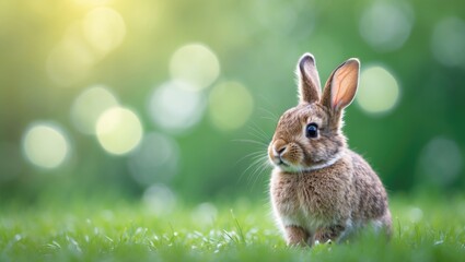 Fototapeta premium Lovely brown little rabbit on green grass with natural bokeh in the background during spring. Adorable young bunny playing in the garden. Cute pet at the park.