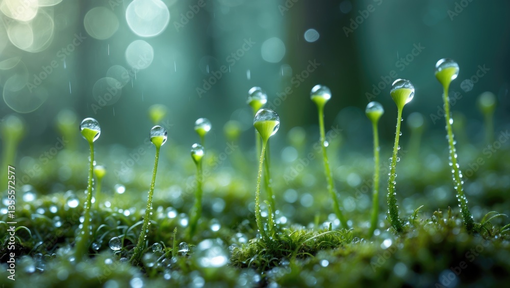 Poster delicate sprouts surrounded by dewdrops sparkle; an ethereal, dreamy close-up featuring shimmering g