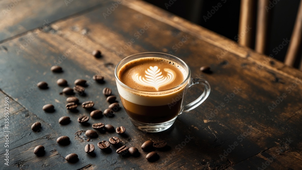 Poster Cup of coffee with milk on a dark surface. Hot latte or made with milk on a wooden tabletop with space for text.
