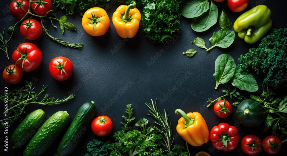 Poster Culinary background in dark flat lay with fresh produce, seen from above, offering empty space for text.