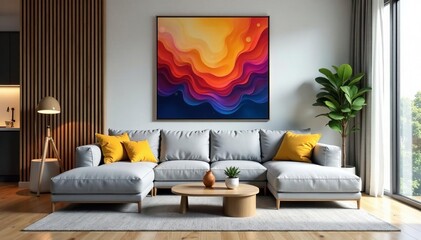Contemporary lounge with grey sectional sofa, wooden accents, and abstract artwork, wooden accents, grey, abstract artwork