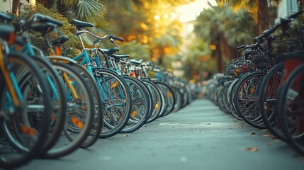 A bike rack full of bicycles outside the school