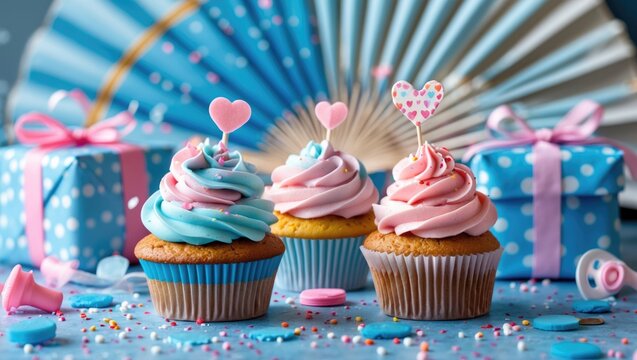 Delicious cupcakes accompanied by gift boxes, a pacifier, and decorative elements in the background. Party concept.