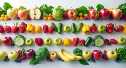 Obraz premium Horizontal seamless design featuring healthy fruits, vegetables, and berries set against a white background.