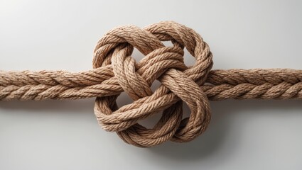 Hemp rope featuring a square knot against a white background.
