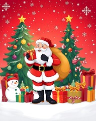 Santa Claus with Gifts, Christmas Celebration Scene, Festive Holiday Illustration, Merry Christmas Vector - Santa with Presents and Holiday Decorations, Christmas Cheer Santa Claus Holding Background