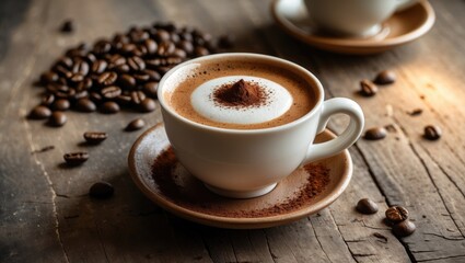 Cup of hot cappuccino topped with foam and cocoa powder.