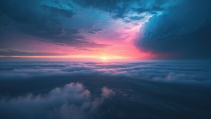 Fototapeta premium Horizon panorama featuring a dramatic twilight sky and cloud sunset backdrop. Natural sky background texture with beautiful colors. Dark clouds, significant storm, and rain. Weather and nature theme.