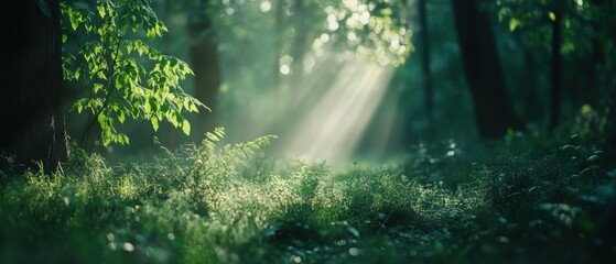 Serene Forest Landscape with Sunlight Filtering Through Lush Green Foliage and Illuminating the Tranquil Ground Below