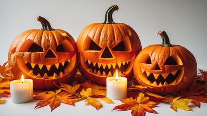 Halloween pumpkin head jack-o'-lanterns with lit candles set against a white background.