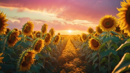 Imagine a scene where a field of sunflowers faces the sun with their golden blooms. A brief narrative that captures the warmth and joy of this vibrant display.