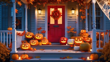 Obraz premium Halloween pumpkins and decorations displayed outside a home.