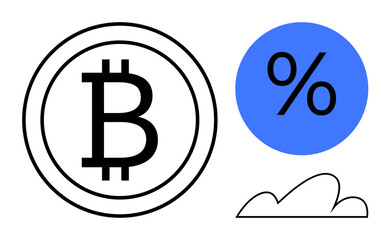 Bitcoin coin outline, blue percentage icon, and minimalist cloud. Ideal for blockchain, investment, digital assets, financial growth, decentralized systems savings online banking. Flat simple