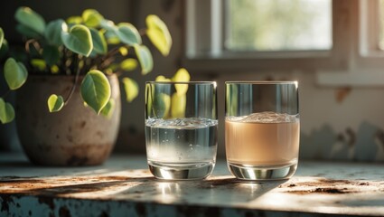 House water filtration system for drinkable condition. Glass of clear water post-reverse osmosis filtration alongside a glass of contaminated water on the tabletop. Indication of tap water contamin...
