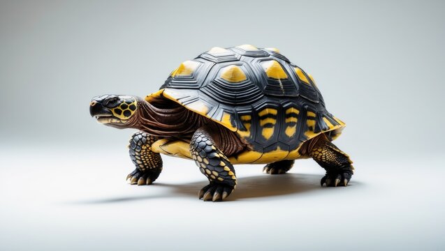 Hermann tortoise turtle against a white background, illuminated in the studio, shown in profile from the side in its entirety.