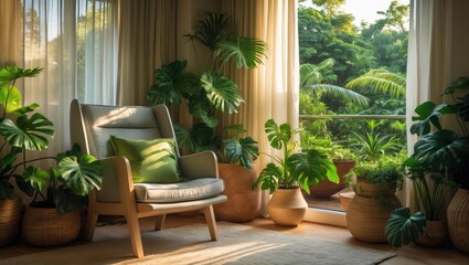 Fototapeta premium Grey armchair, indoor plants, monstera, palm trees. Urban jungle residence. Comfy tropical home garden. Home gardening. Gardening, hobby idea. Eco-friendly decor in the living room.
