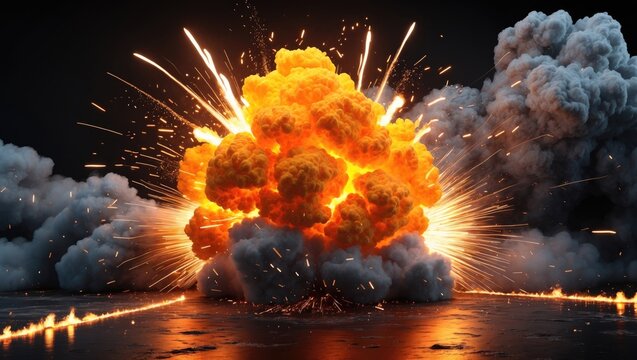 Massive, intense explosion with flames and hot smoke, set against a black background.