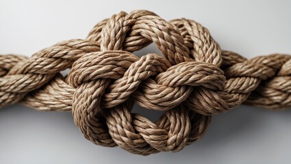 Hemp rope tied with a square knot on a white background