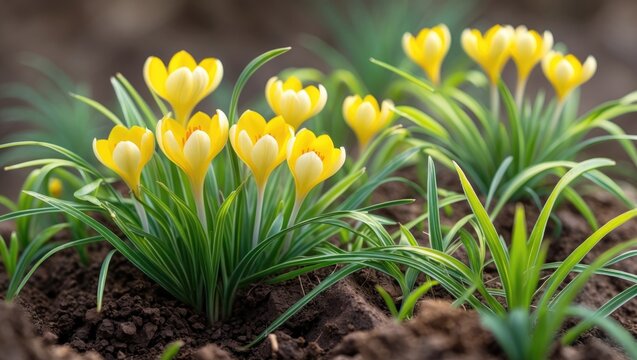 Clusters of bright yellow crocuses joyfully arise from the ground, accompanied by tender green leaves, showcasing nature's beauty.