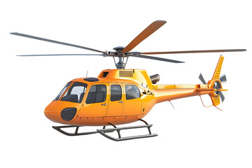 An orange helicopter in flight against a white background