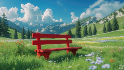 Obraz premium Idyllic alpine scenery featuring a red bench for relaxation amidst a flower meadow, set against a backdrop of mountains and pine trees.