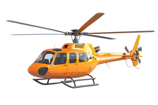 An orange helicopter in flight against a white background