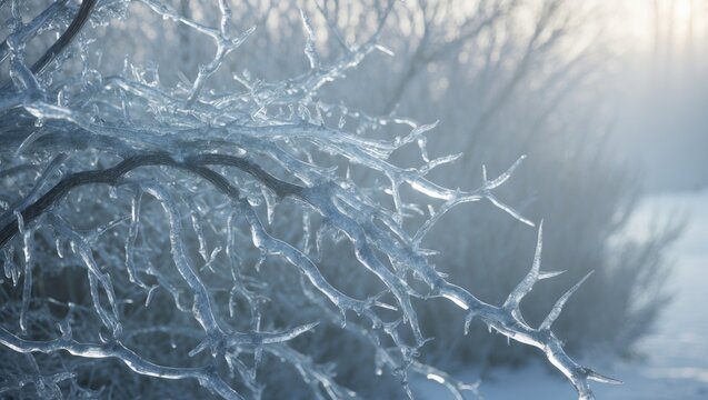 Icy, frost-covered, entwined branches of a bush. Winter nature sculptures. - Powered by Adobe
