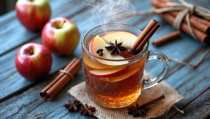 Hot spiced apple cider featuring cinnamon sticks, cloves, and anise on a wooden surface.