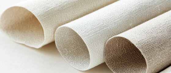 Close-Up View of Three Rolled Fabrics in Natural Beige Tones for Textiles and Crafting Projects