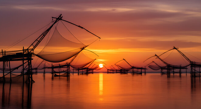 Silhouette of traditional fishing nets against vibrant sunset hues and calm waters