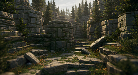 Stone Pathway Through Forest Steps Leading to Tranquil Greenery