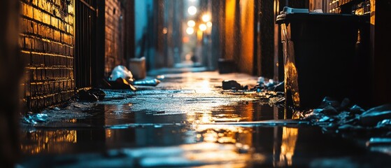 Rain-soaked alley with reflections at night showcasing urban atmosphere and texture in a vivid city street scene
