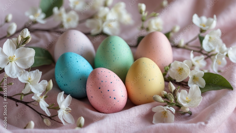 Poster easter eggs arranged on a fabric surface accompanied by spring blossoms.