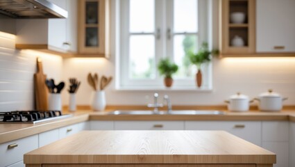 Kitchen tabletop intended for product presentation with blurred background interior.